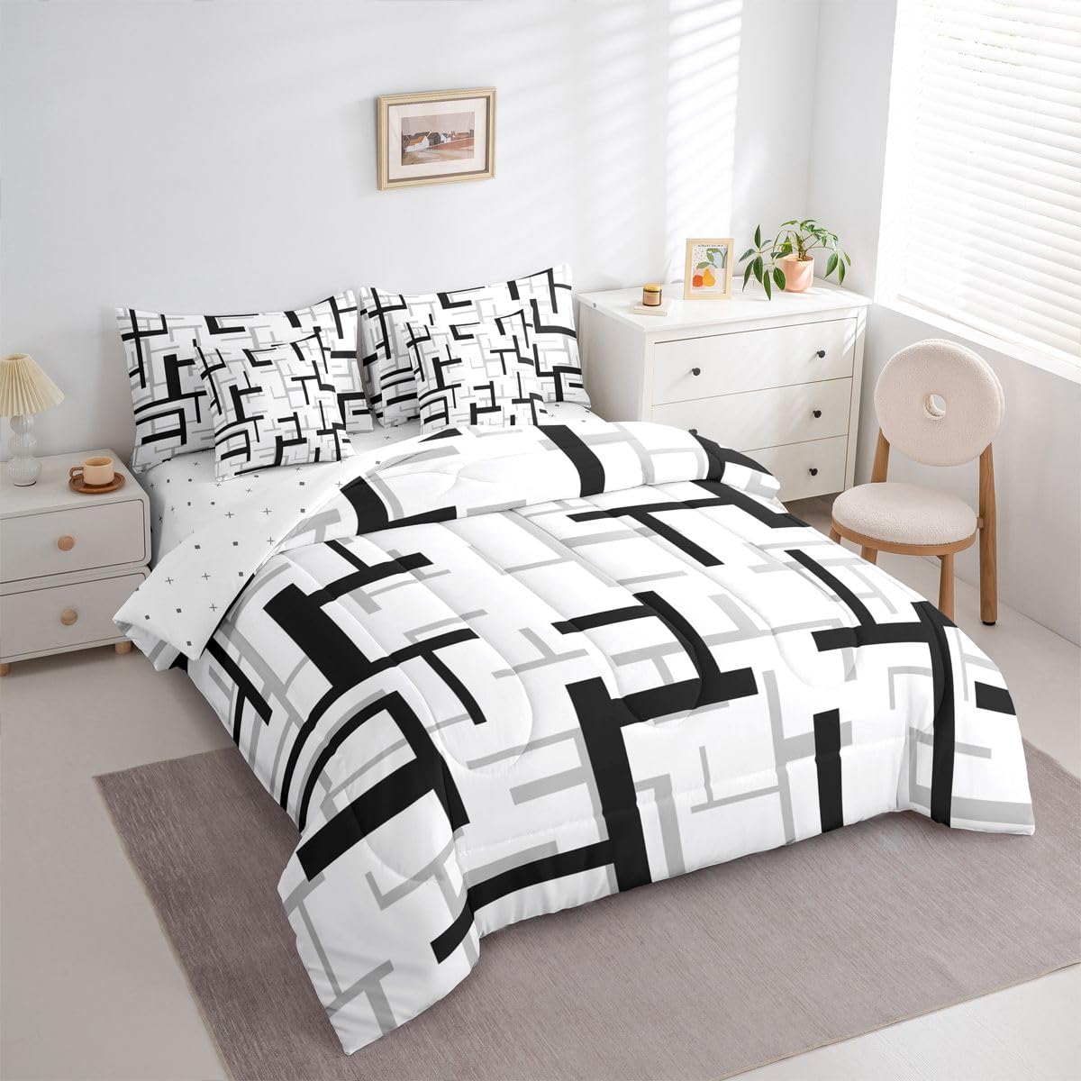 jejeloiu Geometric Comforter Set King Size 7 Pieces Black White Geometrical Bedding Set for Kids Boys Girls Stripe Line Bed in a Bag with Comforter, Sheets, Pillowcases, Cushion Covers Bedroom Decor
