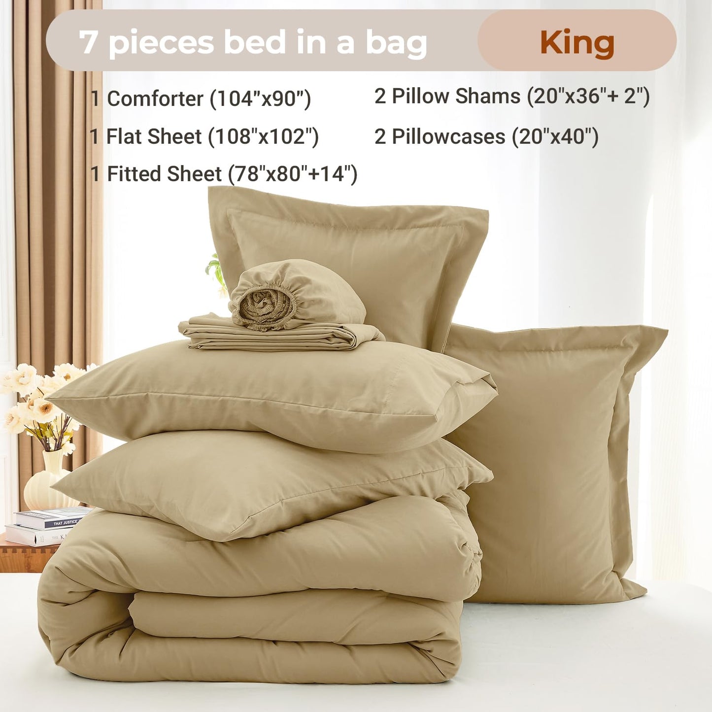 MUXHOMO 7 Pieces King Comforter Set, Soft Bed in a Bag King Size, All Season Bedding Set with Comforter, Flat Sheet, Fitted Sheet, Pillowcases & Shams, Khaki