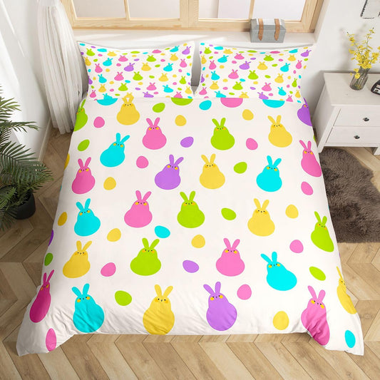 Erosebridal Cartoon Rabbit Comforter Cover Rainbow Cute Pet Animal Duvet Cover,Watercolor Easter Eggs Bedding Set Easter Decorations Queen,Kawaii Room Decor Easter Gifts for Teens