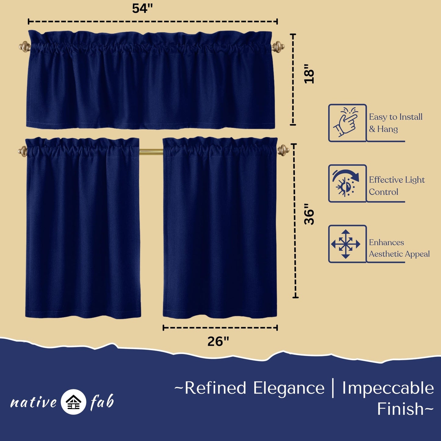 Native Fab 3 Piece Window Curtain Tiers 26"x36" and Valance 54"x18" Set - Rod Pocket - Semi Sheer - Short Curtain for Kitchen, Cafe, Living Room - Ink Blue