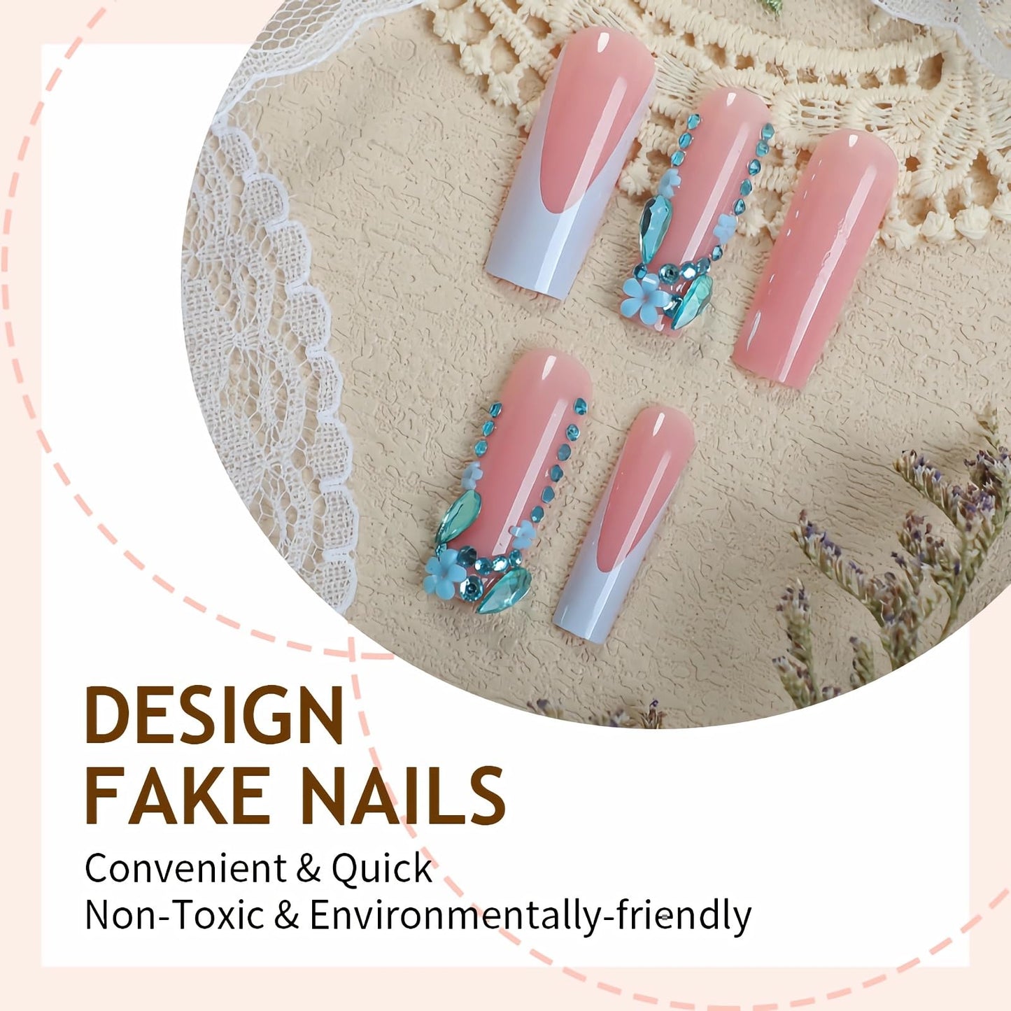BABALAL Press on Nails Long Square Fake Nails Blue French Tip Glue ons Flower Rhinestone Charm Luxury Bling Supplies Art 24Pcs XL Glossy Full Cover Acrylic False Nails