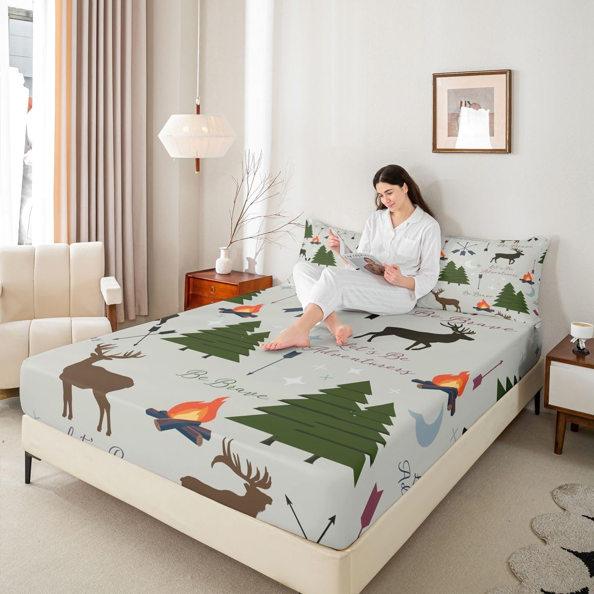 Adventure Deer Bedding Set Twin Size,Cartoon Pine Tree Jungle Animals Fitted Sheet,Arrow and Stars Moon Bed Sheet for Kids Girls Boys Adult Room Decor Rustic Camping Deep Pocket Sheet Green 2Pcs