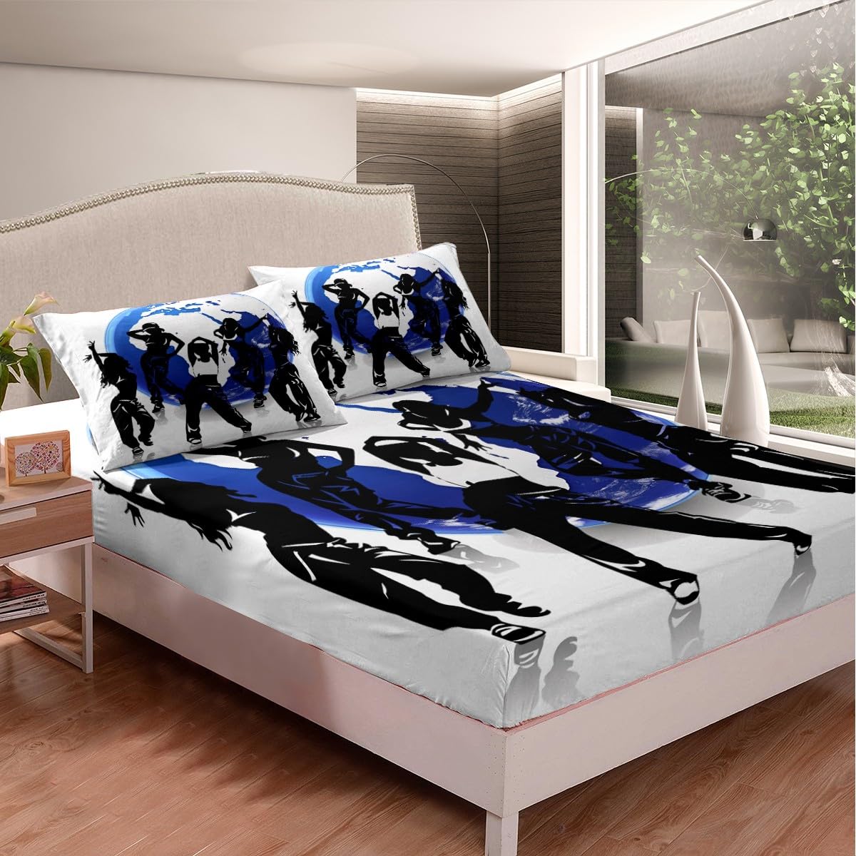 Manfei Hip-hop Sheet Set Dancing People Silhouettes Print Fitted Sheet Musical Theme Bedding Set 2pcs for Kids Boys Soft Polyester Bed Sheets (1 Fitted Sheet + 1 Pillow Case) Twin Size