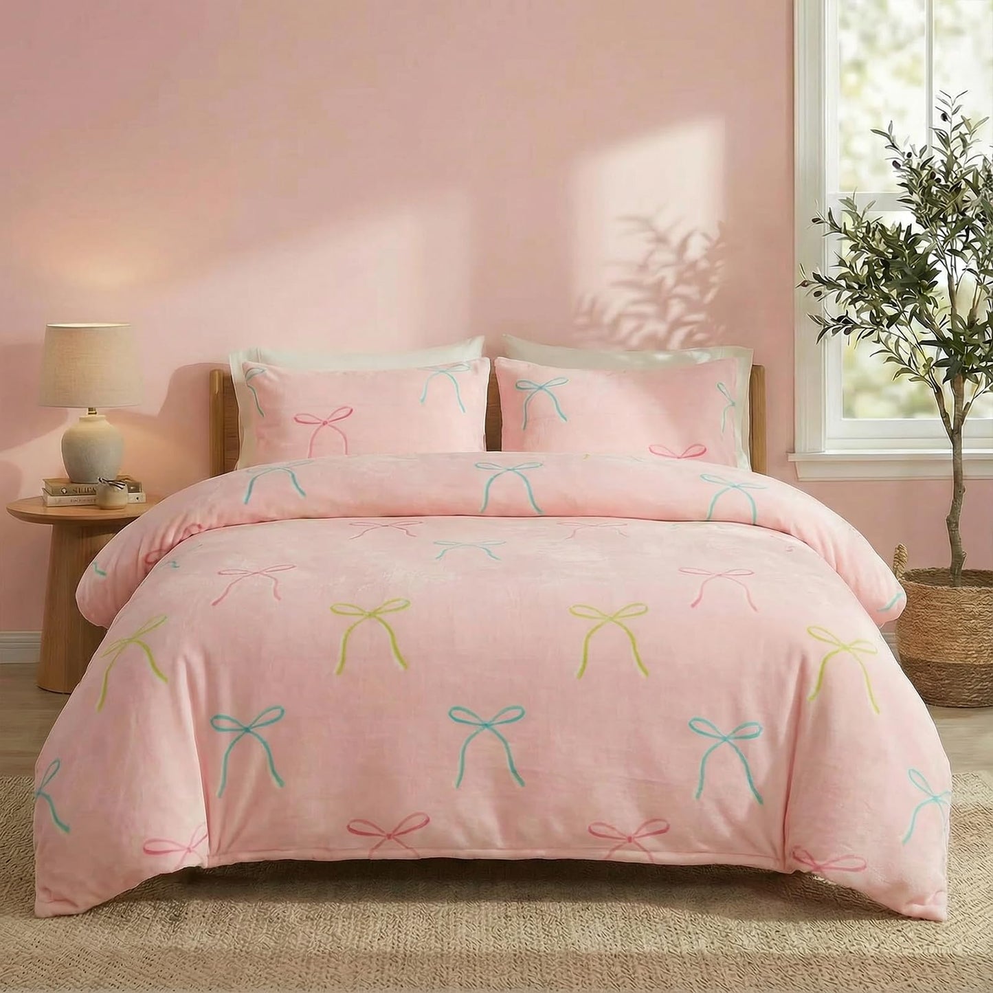 Bedbay Pink Bow Comforter Set King Size Warm Fluffy Fleece Bedding Set Cute Bowknot Teen Girls Ultra Soft Plush Velvet Comforter King Bed Set Sweet Bow Tie Dreamy Princess Style Bedding 3 Pcs