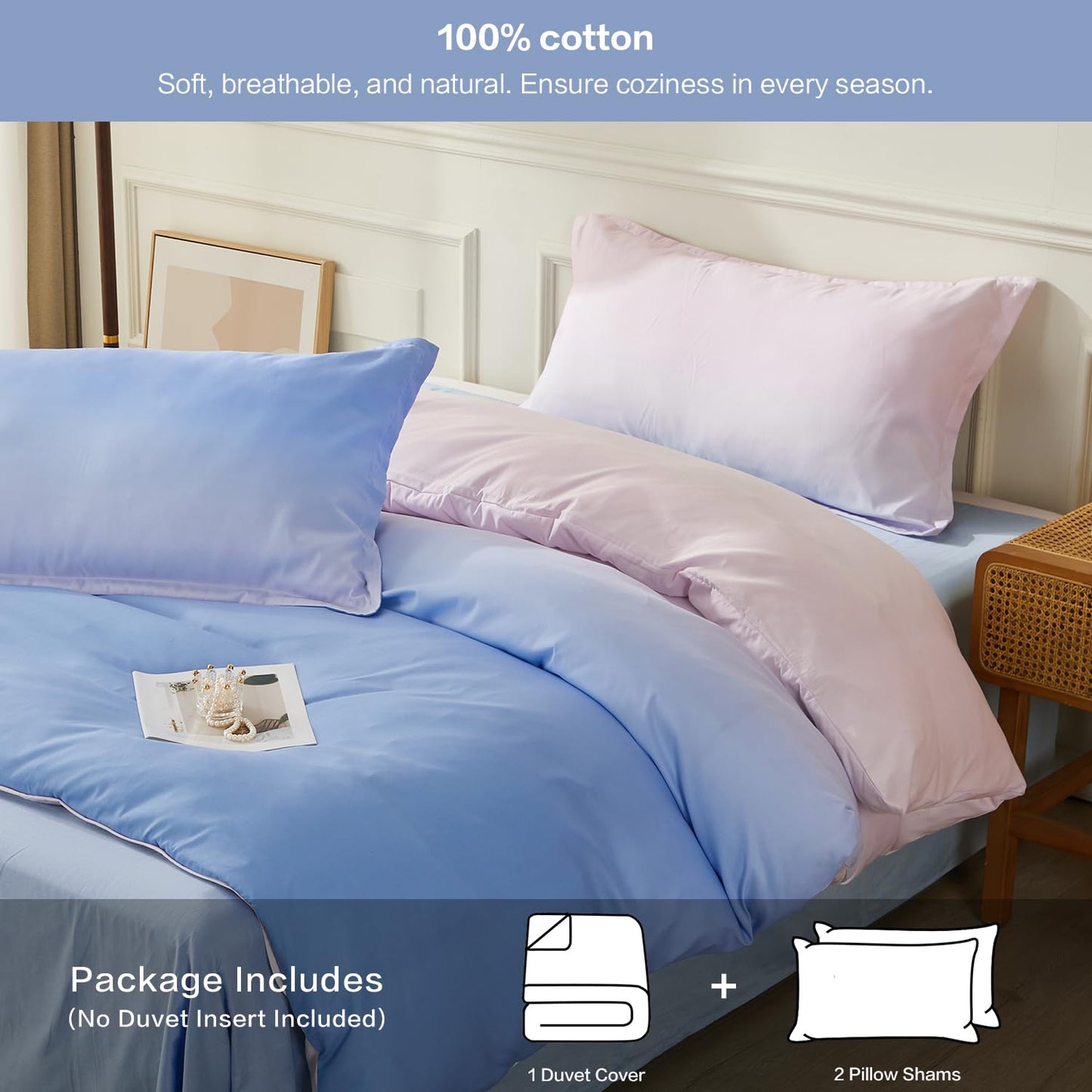SAPHREAS Full Size Duvet Cover Blue Pink Gradient Bedding Set with 8 Corner Ties and 2 Pillow Sham Microfiber Reversible Duvet Cover Set with Zipper Closure