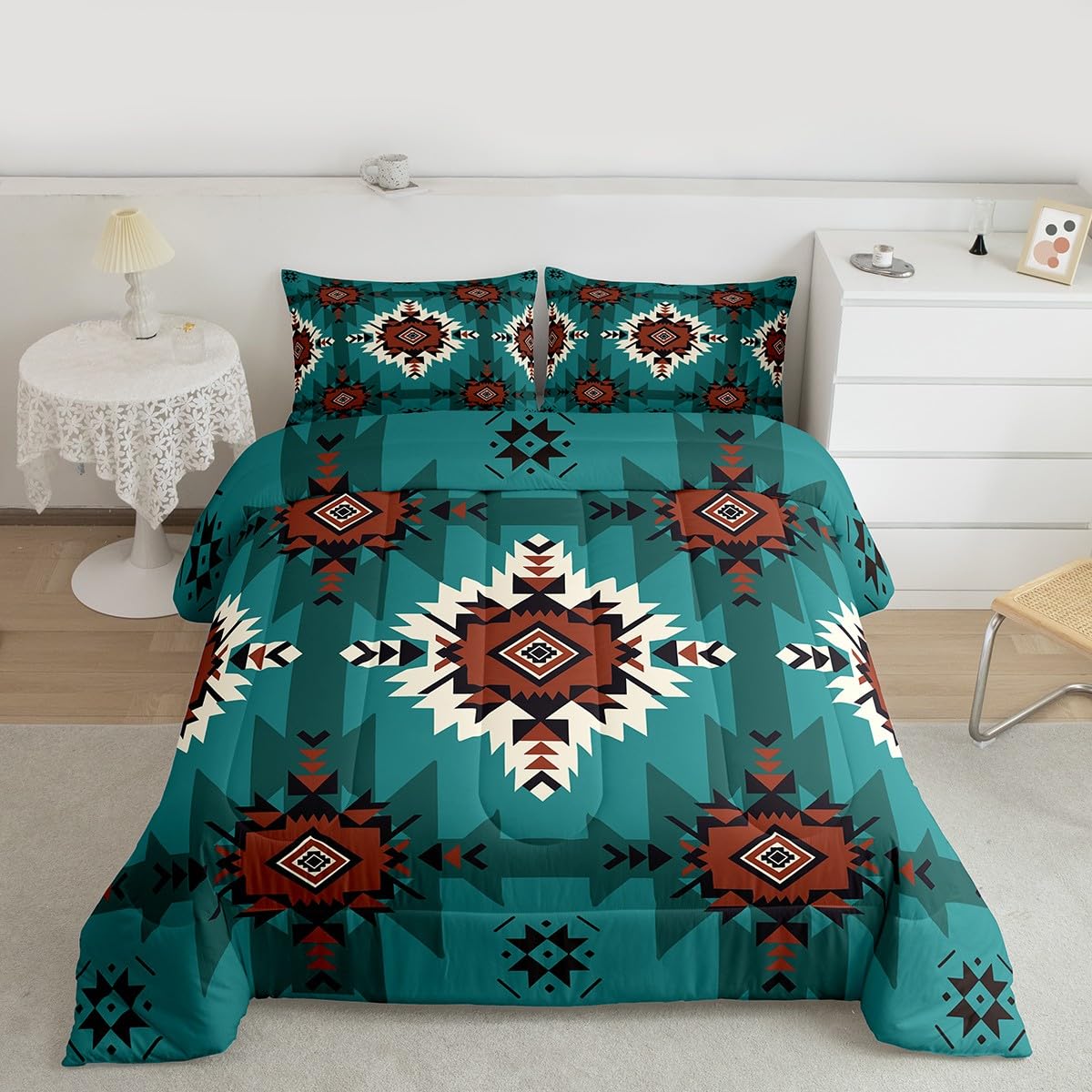 jejeloiu Native American Comforter Set Queen Size Western Aztec Bedding Set for Kids Boys Girls Boho Duvet Quilt Geometric Bedroom Decor Microfiber 3 Pcs with 2 Pillow Cases
