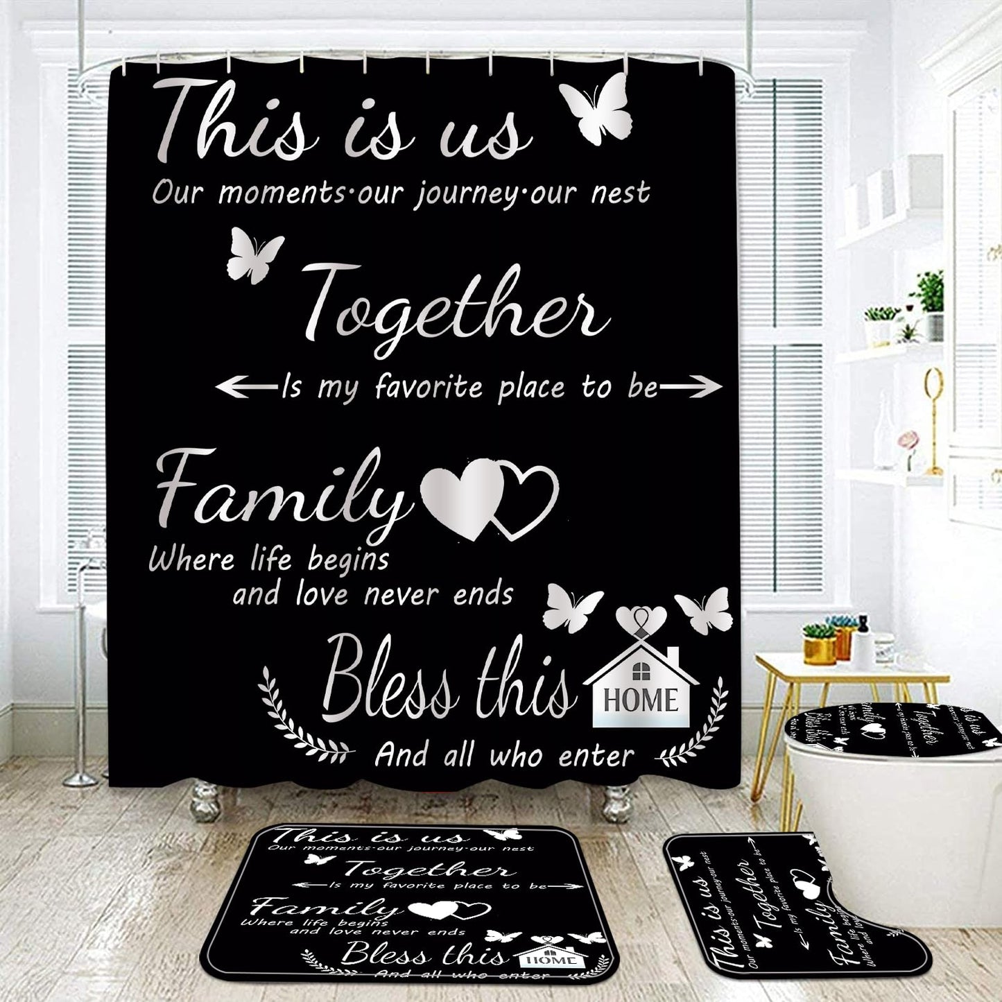 NEWSUYAA Black Bathroom Shower Curtain Set with Family Quotes,4 Pcs Home Inspirational Bath Decor with Non-Slip Bath Mat, Toilet Lid Cover & U-Shape Rug, Modern Farmhouse 72x72 Inch with Hooks