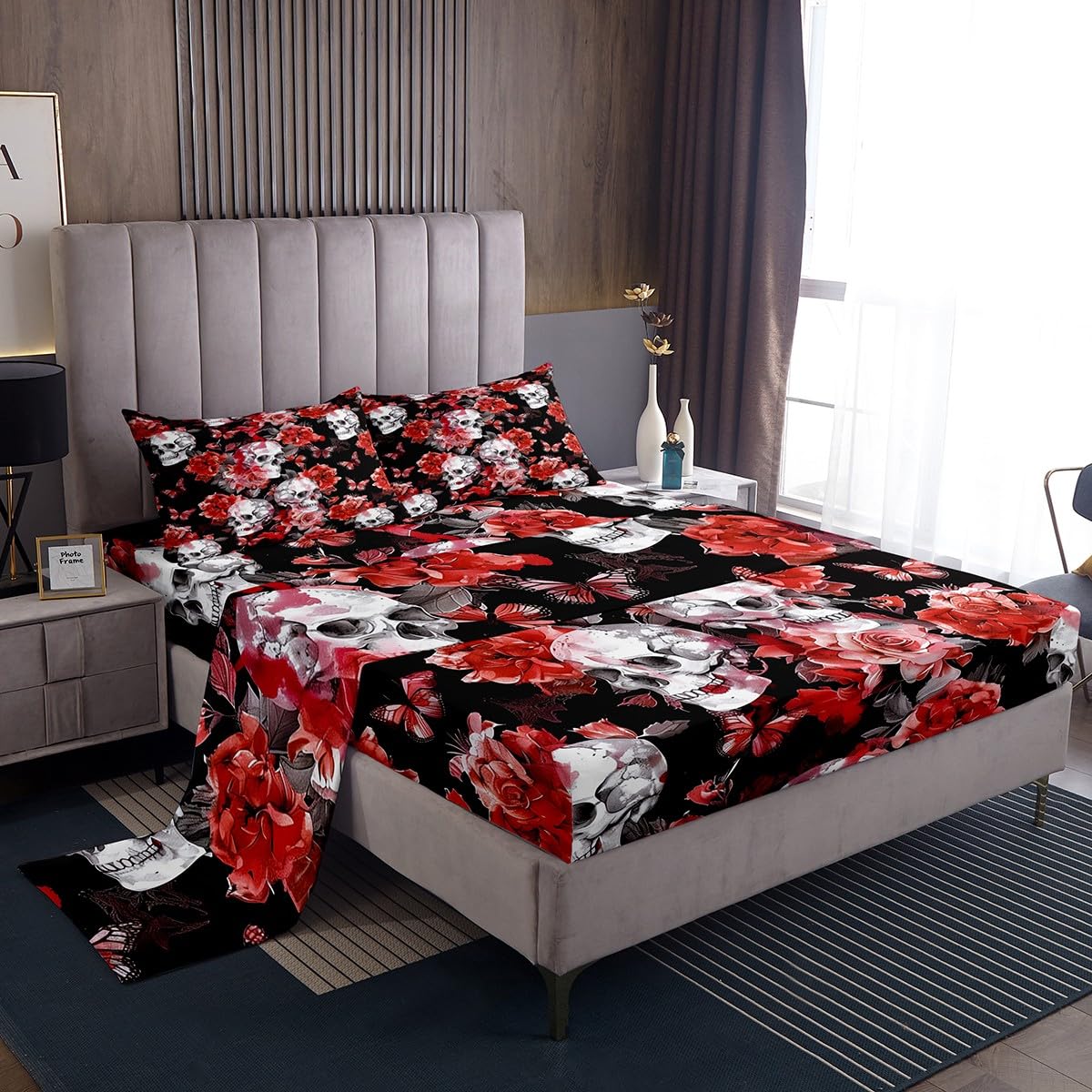 jejeloiu Kids Halloween Decor Bed Sheets Set Twin Size Gothic Skull Bed Set for Kids Boys Girls Rose Blossoms Print Deep Pocket Fitted Sheet Spooky Halloween Decorations Breathable Soft
