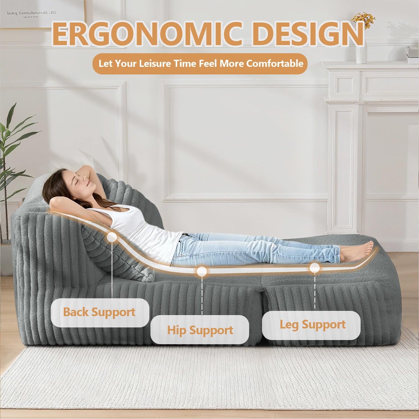 Big Bean Bag Lounger Sofa with Pillow, Large Bean Bag Chairs for Adults, Oversized Beanbag Sofa, Comfy Bean Bag Couch with Memory Foam Filled for Living Room, Bedroom, Gray