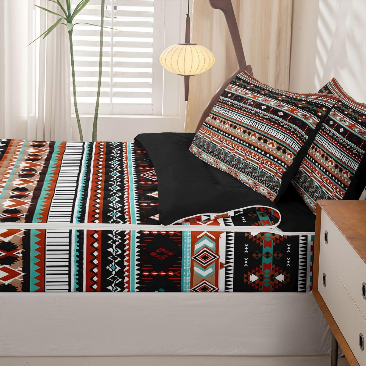 Western Zipper Bedding Queen Ethnic Tribal Arrow Zip Up Bedding Set Vintage Exotic Geometric Triangle Bed in a Bag African Indian Tribal Sriped Boho Comforter with Fitted Sheet and 2 Pillowcases
