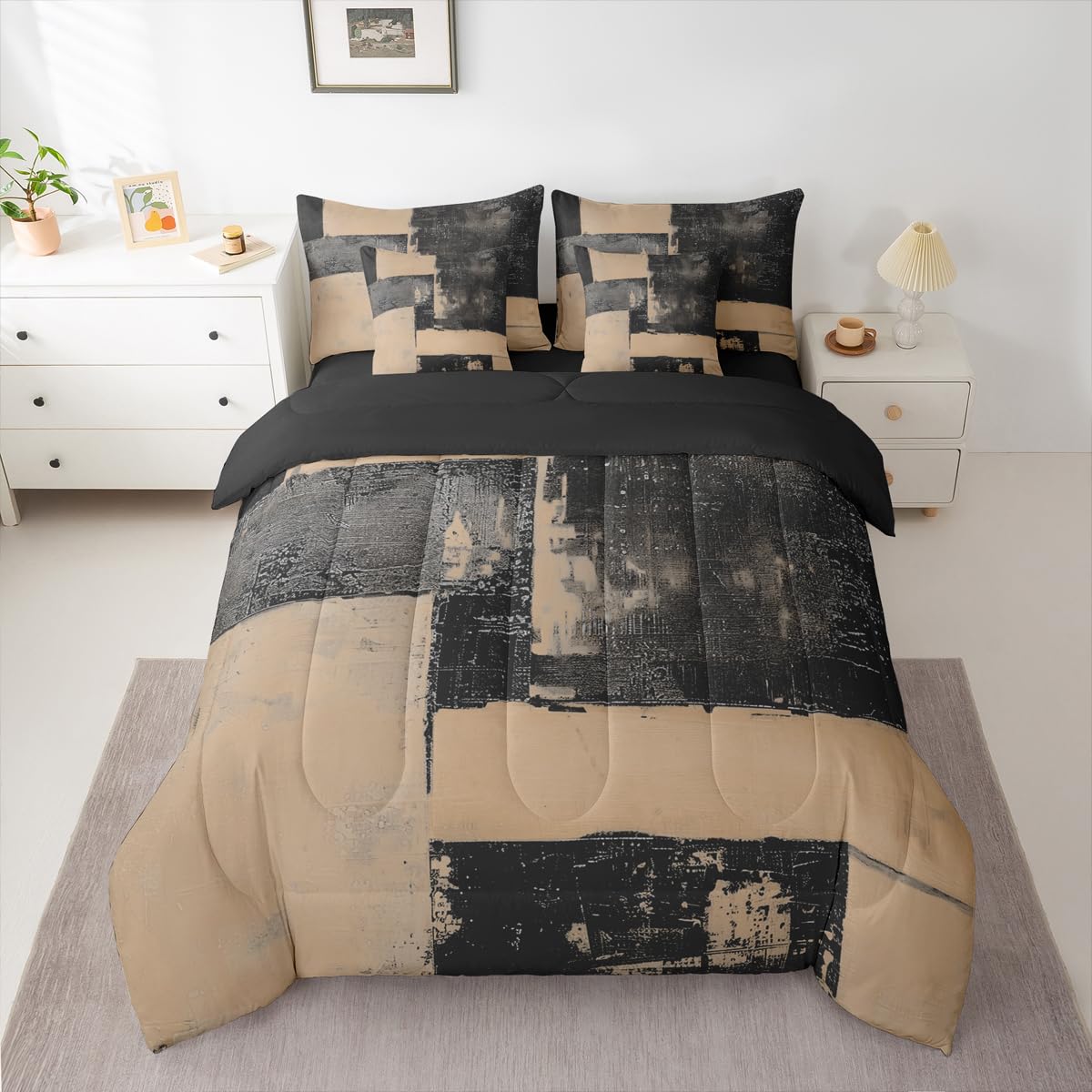 Feelyou Abstract Comforter Set with Sheets 7 Piece King Size Modern Abstract Art Bed in a Bag Kids Boys Girls Luxury Bedding Set Geometric Bedroom Decor Black Brown Soft Lightweight Microfiber