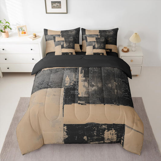 Feelyou Abstract Comforter Set with Sheets 7 Piece King Size Modern Abstract Art Bed in a Bag Kids Boys Girls Luxury Bedding Set Geometric Bedroom Decor Black Brown Soft Lightweight Microfiber
