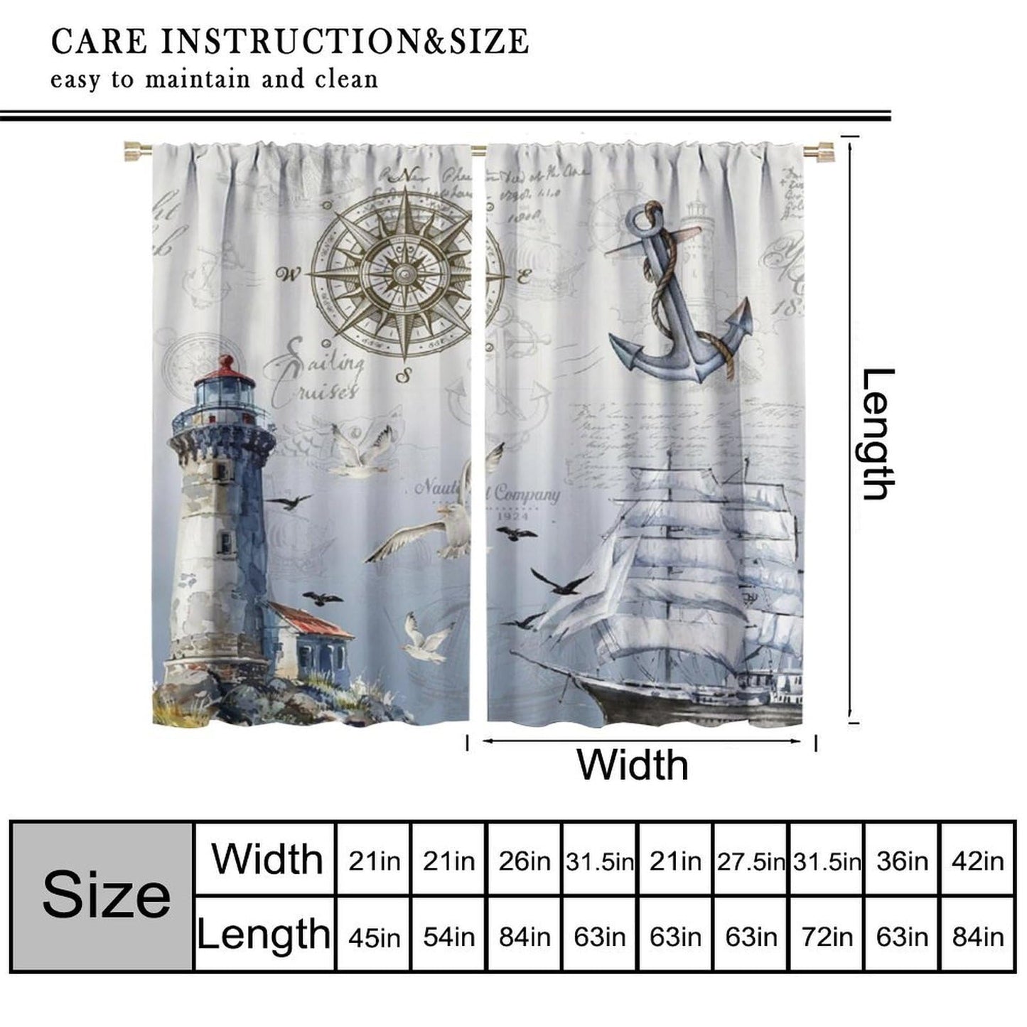 Nautical Curtains for Kitchen Vintage Blue Ocean Beach Retro Sailboat Map Rustic Lighthouse Compass Scene Print Windows Treatments for Kids Boys Bedroom Living Room Bathroom 42x44.5In（No Blackout）