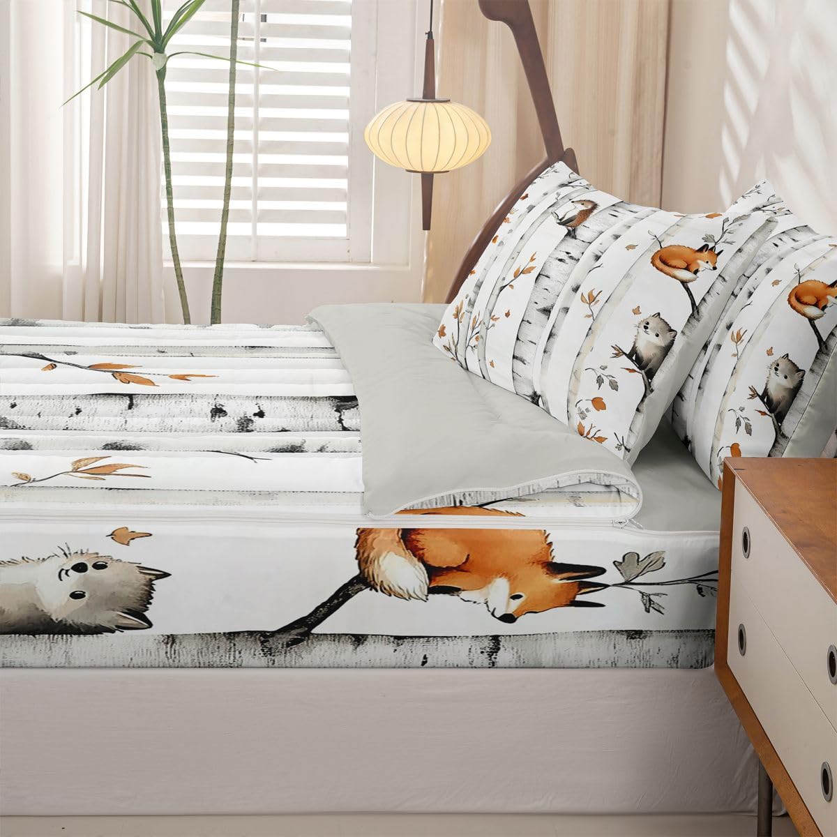 Erosebridal Cartoon Animals Zipper Comforter Set Twin Woodland Forest Bedding Set for Kids Rustic Cabin Lodge Bed in a Bag Fox Hedgehog Wildlife Botanical Branches Decor Zippered Quilt Fitted Sheet