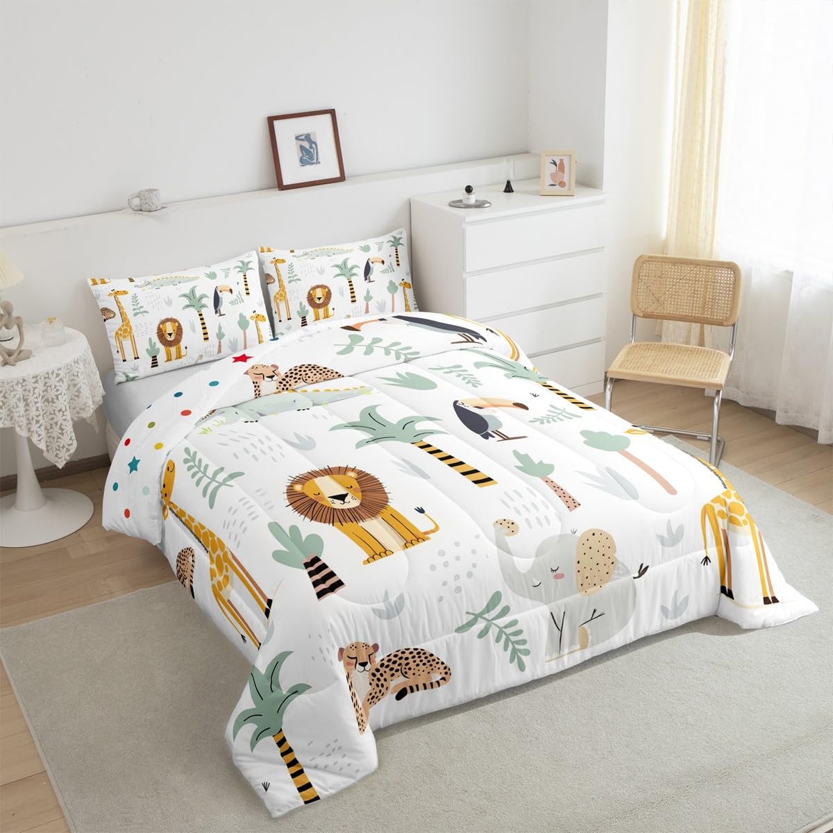Feelyou Zoo Animal Bedding Set Cute Animal Comforter Set Wildlife Comforter for Women Men Room Decor Cute Giraffe Duvet Set King Size with 2 Pillow Case
