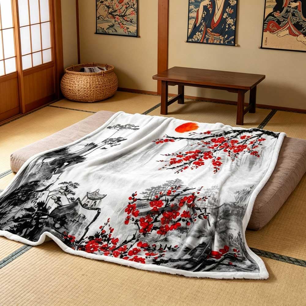Japanese Blanket, Japanese Cherry Blossom Anime Blanket, Asian Ink Painting Asian Blankets, Red Plum Blossom & Mountain Landscape Soft Cozy Blankets for Couch, Bed, Office, Home Decor, 50X60 inch