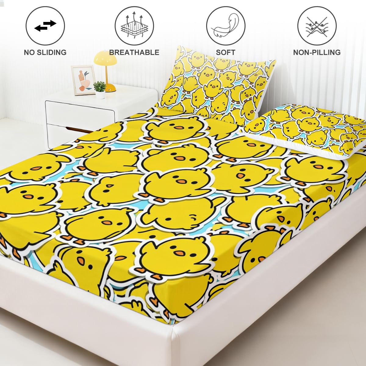 Cute Chicken Fitted Sheet Set Twin Size, 3 Pieces Happy Kawaii Chicken Bedding for Bedroom Decor, Bright Yellow Cartoon Chicken Microfiber Deep Pocket Bed Sheets with 2 Pillowcases (No Flat Sheet)