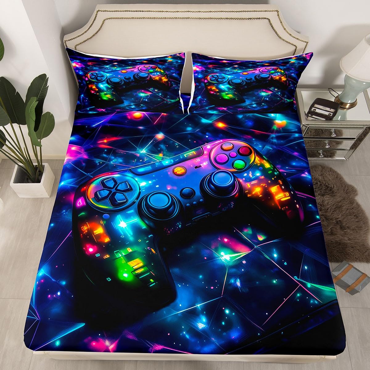 Feelyou Kids Gamer Bed Sheets Set Full Size, Galaxy Gaming Sheet Set Glitter Game Comforter Cover Boys Girls Gamepad Teens Bedspread Cover Bedroom Decor with 2 Pillow Case