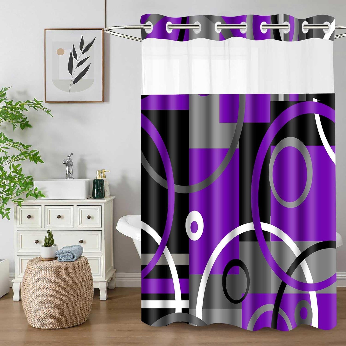 Geometry No Hook Shower Curtain Set 71x74 Inches Modern Boho Simple Abstraction Style Hookless Shower Curtain for Men and Women Bright Bathroom Decoration（Purple） SYLDWMN2GM