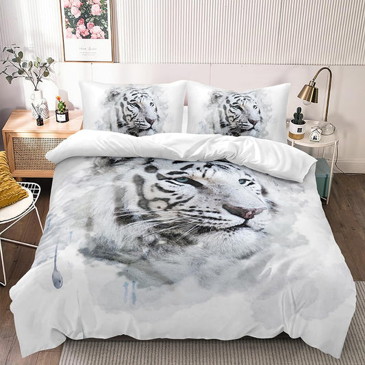 Holiyjog White Tiger Duvet Cover Set King Size Wildlife Comforter Cover Animal Print Bedding Set for Boys Girls and Kids Watercolor Art Bedroom Decor
