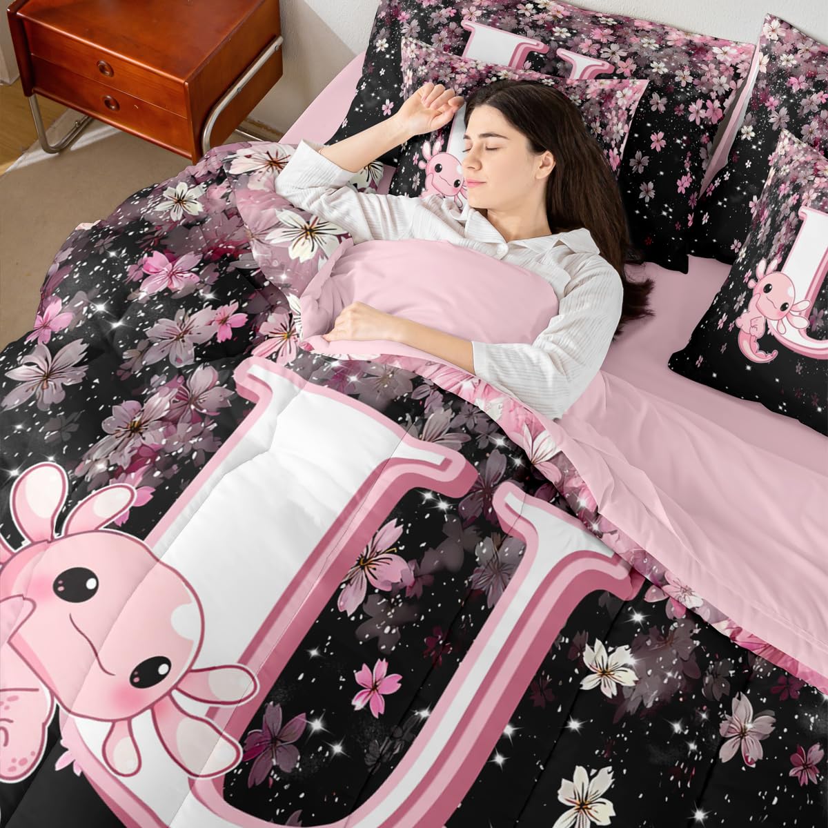 Erosebridal Pink Axolotl Bedding Set for Teen Girl (Pink Black,7Pcs,Twin Size) - Cute Initial Letter U Bed in A Bag Cherry Blossom Comforter Set Girly Preppy Cute Axolotl Quilt with Initial Design