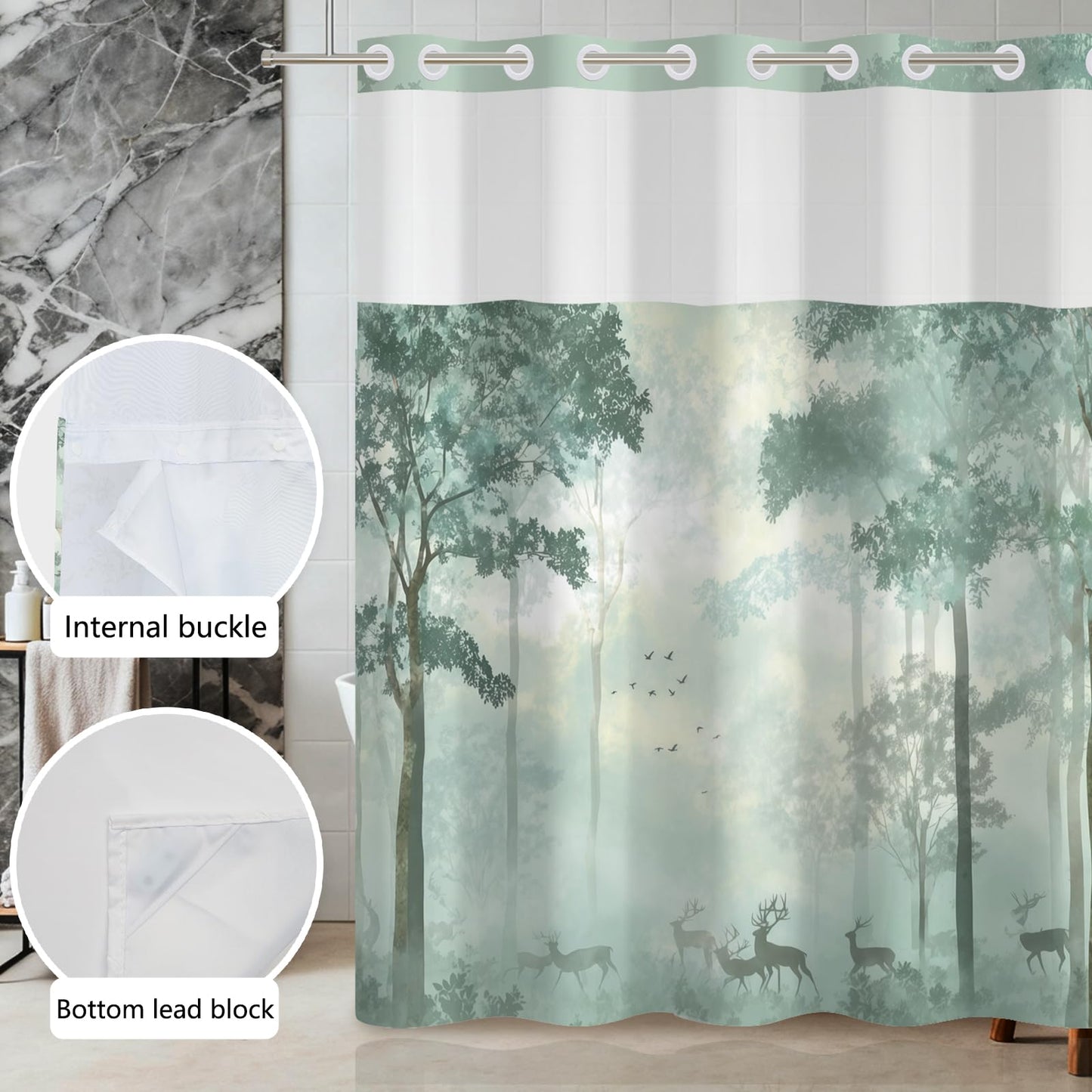 Xiazhilaio No Hook Nature Shower Curtain with Liner 71 x 74 Inch - Sage Green Misty Forest Pattern, Waterproof Fabric Bath Curtain with Mesh Top for Modern and Rustic Bathroom Decor