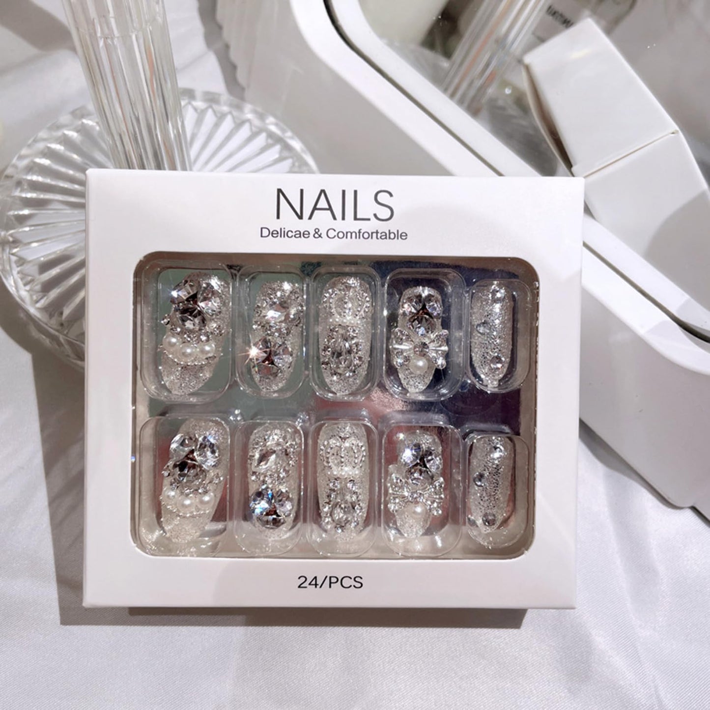 SINHOT Luxury Press on Nails - Medium Almond Fake Nails 3D Handmade Glitter & Bowknots Reusable False Nails with Rhinestone Designs,DIY Artificial Nail Art, 24pcs