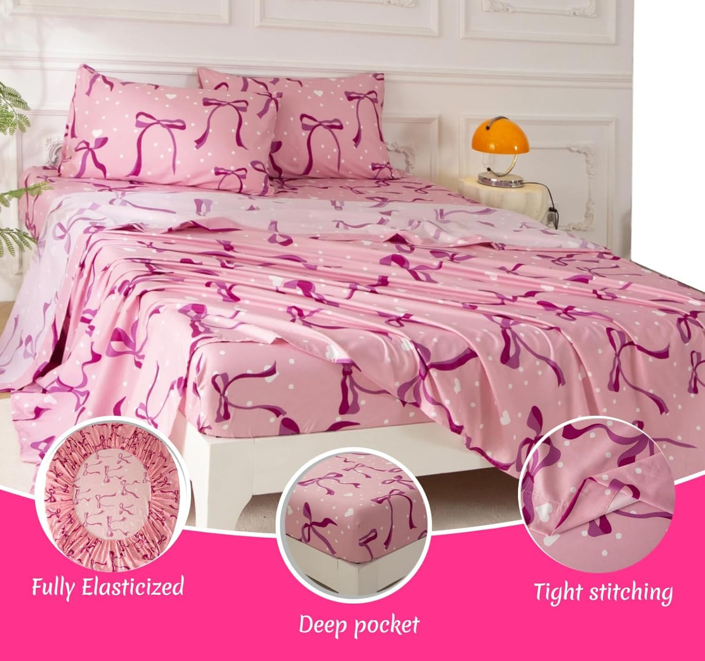 SDY Pink Bow Twin Size Comforter Set, Luxury Soft Bed in a Bag Twin 5 Pieces, All Season Bedding Set with Comforters, Sheets, Pillowcase & Sham