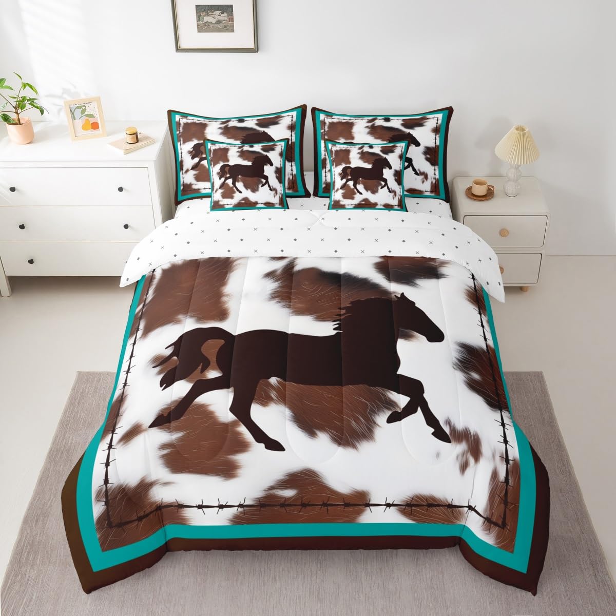 Feelyou Horse 7 Piece Bedding Set 7 Piece Bedding Set Rustic Western Cowboy Cowhide Print Comforter Cover Bedroom Decor Retro Farmhouse Horse Teal Blue Brown Queen Size