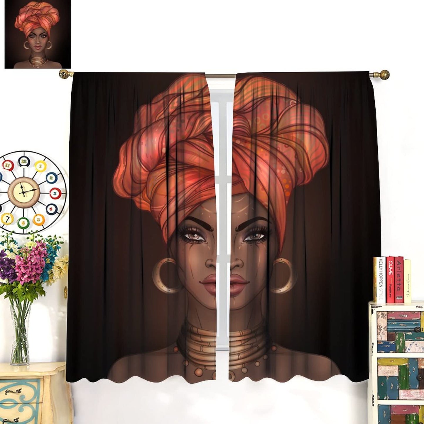 Beautiful African Woman Curtain Ethnic Tribe Black Girl Room Decor for Living Room Dining Children's Room Bedroom Blackout Rod Pocket Printed Window Drapes 42x45in