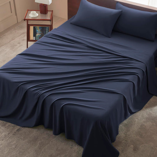 USXIBEI Queen Size 4 Piece Sheet Set - Comfy Breathable & Cooling Bed Sheets Set, Soft and Wrinkle Free, Deep Pockets, Easy & Secure Fit, Hotel Luxury Bedding - Oeko-Tex - Navy Blue