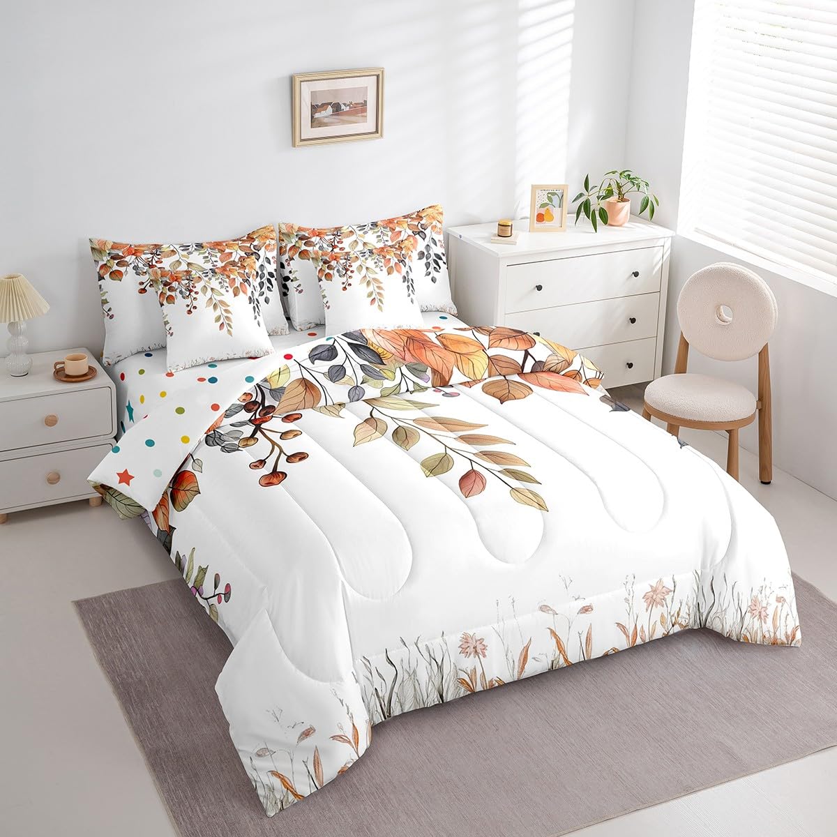 Erosebridal Eucalyptus Leaves Comforter Set Full Size,Oil Painting Trees Leaf Bedding Set for Kids Teens,Fall Leaves (Comforter+Fitted+Flat Sheet+2 Pillowcases+2 Throw Pillow Covers) 7 Pieces Bed Set