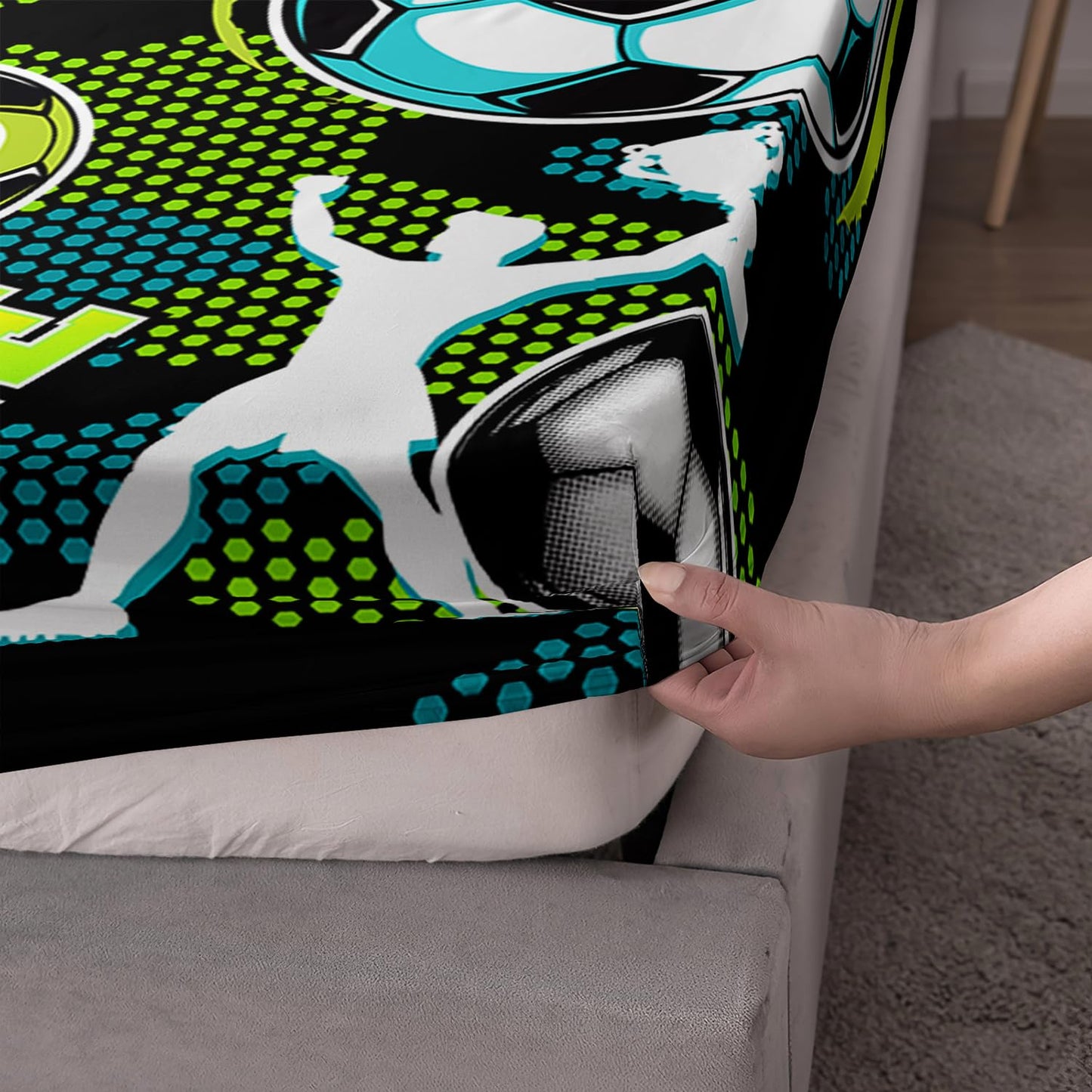 HOSIMA Soccer Twin Fitted Sheet for Boys Room Decor,Athletes Holding Trophies Pattern Sports Bedding for Kids Teens,Blue Green Honeycomb Background,1 Fitted Sheet+2 Pillowcases.