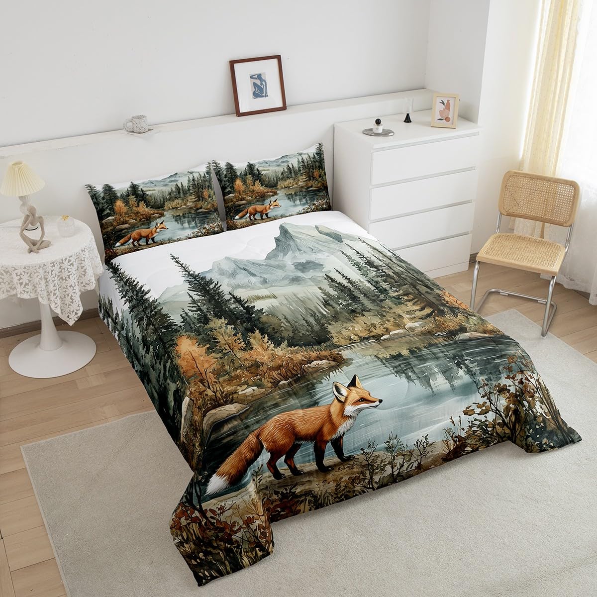Fox Woodland Bedding Set Full Size,Woodland Pine Tree Comforter Set for Kids Girls Boys Adults Room Decor,Lake Mountain Wildlife Duvet Insert 3Pcs,Nature Botanical Soft Quilt Set,2 Pillowcases