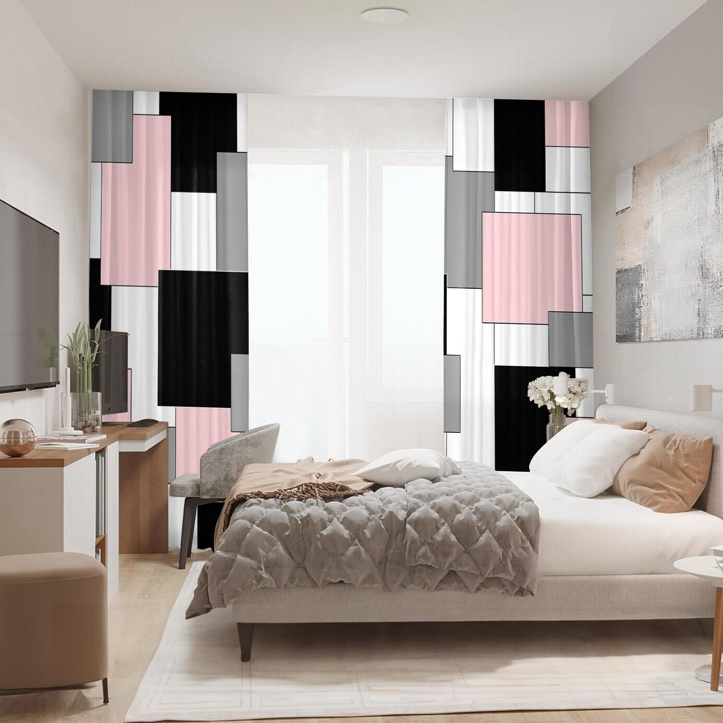XFLINGBAO Pink and Black Curtains 84 Length for Living Room Modern Pink Black Geometry Curtains Grey Abstract Rod Pocket Curtain for Bedroom Kitchen Girls Room Window Drapes 2 Panels