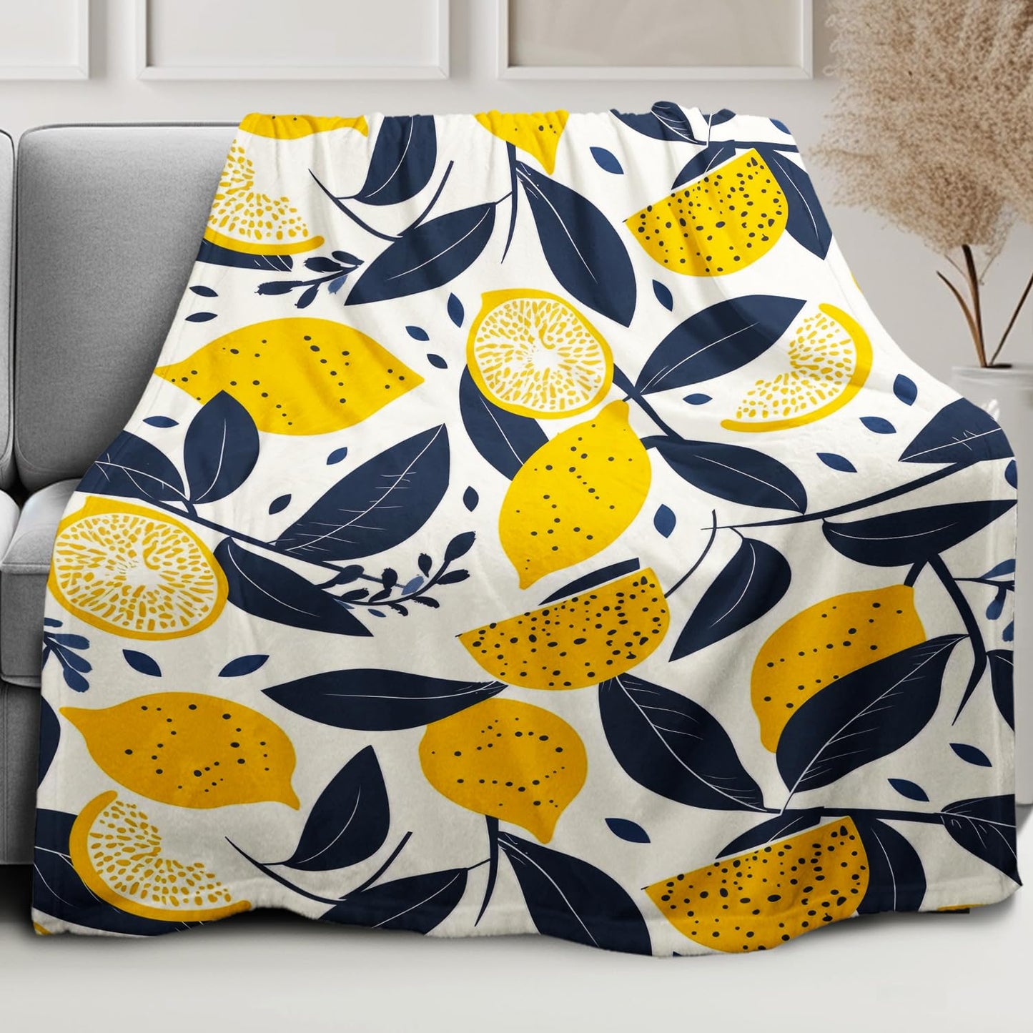 XSMEI Lemon Pattern Throw Blanket, Decorative Fleece Blanket with Fresh Fruit Design, Super Soft Warm and Cozy, Gifts for Women Girls Kids, 60" x 80"