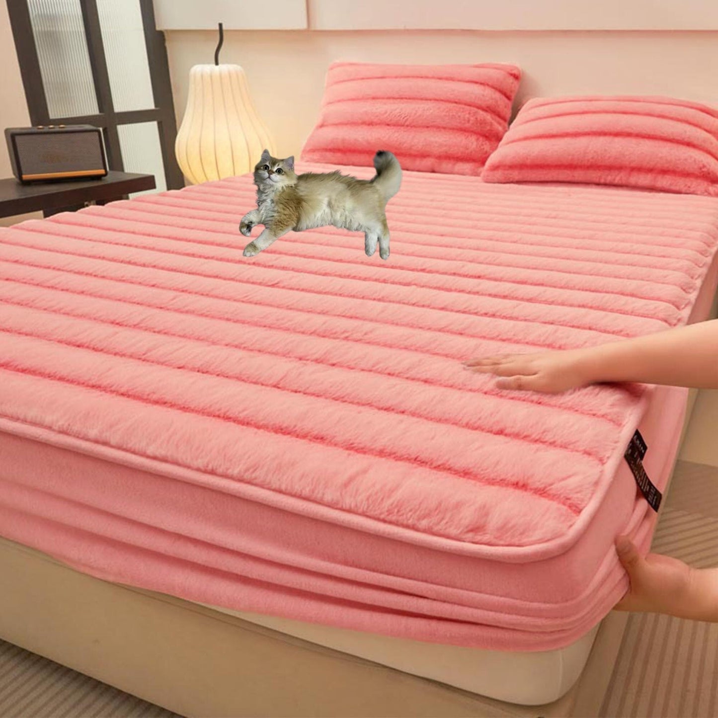 Plush Elastic Bed Sheets, Milk Velvet Fitted Sheets, Faux Rabbit Fur Bottom Sheet with 12" Deep Pocket, Winter Warm Thickened Mattress Cover(Pink,2 Pillowcases)