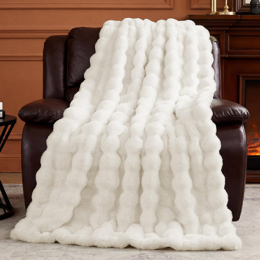 BEDCOOL Luxury Fluffy Faux Fur Throw Blanket, Soft Plush Thick Minky Bubble Blanket for Couch Sofa Bedroom Living Room, Perfect Home Decor Gift for Women, 50 * 60 in,White
