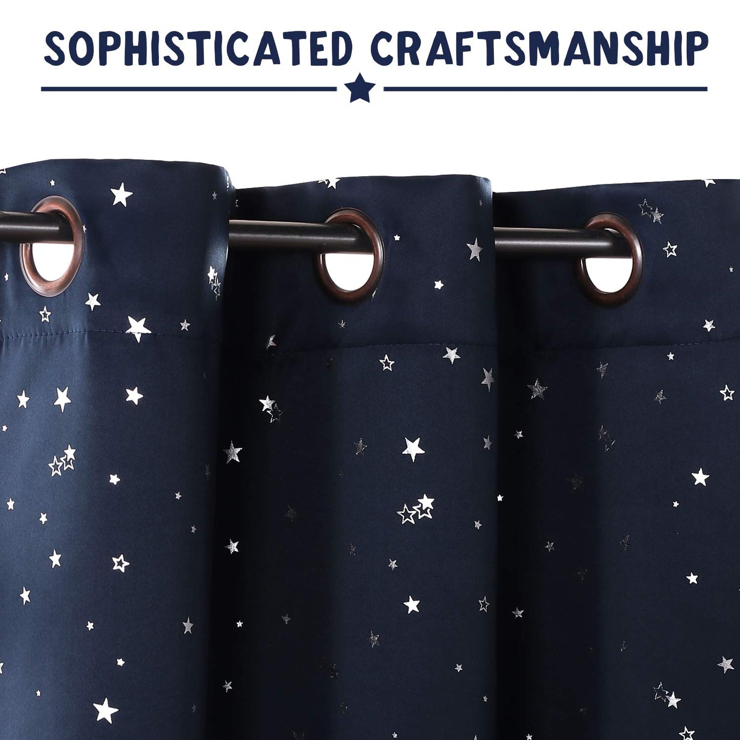 PrinceDeco Blackout Kids Curtains for Bedroom Thermal Insulated Silver Twinkle Star Curtains for Boys Antique Grommet Top Window Treatment 2 Panels Drapes for Nursery (52" W x 84" L, Navy/Silver)