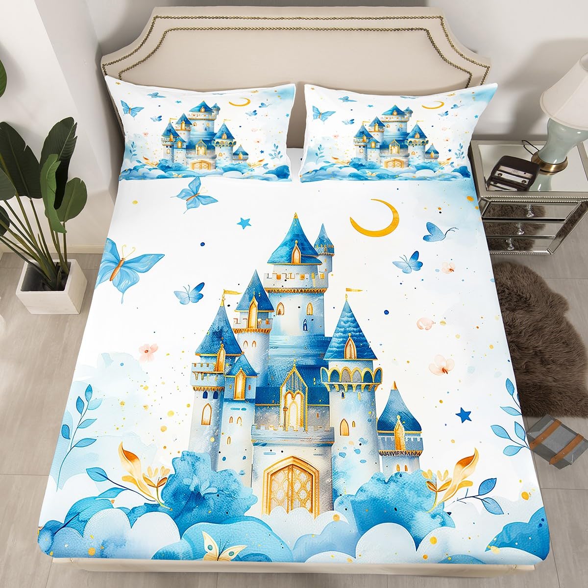 Erosebridal Girls Princess Twin Fitted Sheet - Castle Dreamy Bedding Set for Kids Teen, Blue Butterfly Floral Bottom Sheets Only | Moon and Stars Cute Girly Bed Set 2 Piece Bedroom Decor