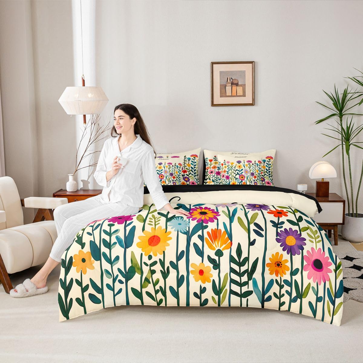 Erosebridal Boho Floral Queen Bedding Set Multicolor Daisy Comforter Set with Flat and Fitted Sheet Watercolor Wildflower Summer 7-Piece Bed in a Bag Kids Girls Women Whimsical Garden Quilt Sets
