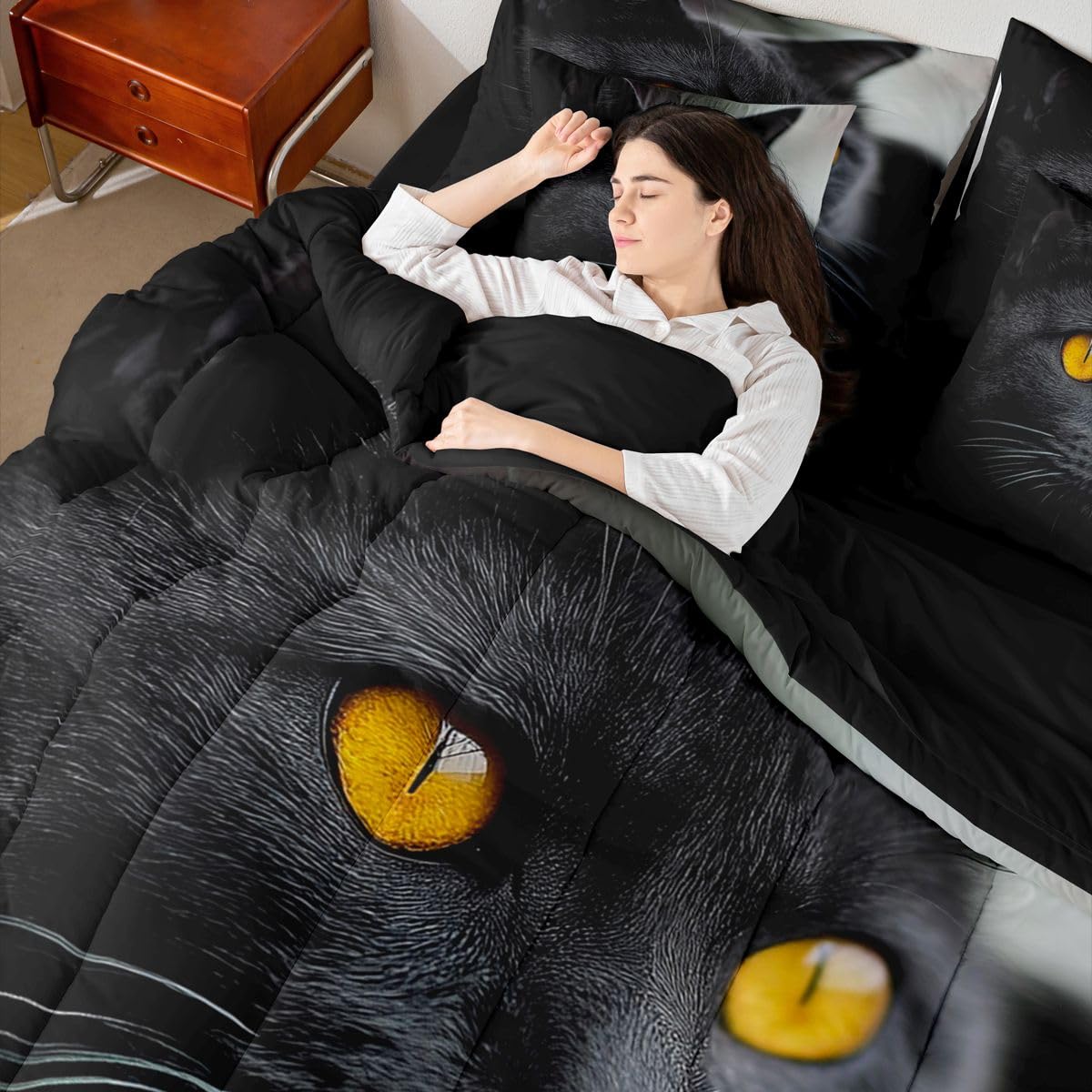 Erosebridal Black Cat King Size Comforter Set, Pet Pattern 7-Piece Bed in A Bag, Cute Kitten Sheets and Pillowcases, Black Bedding Set Room Decor