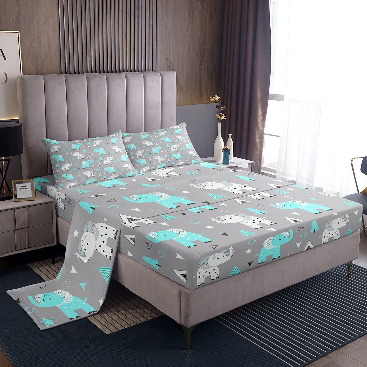 Erosebridal Cartoon Elephant Bed Sheets Full | Zoo Animal Sheet Set for Kids Boys Girls Wildlife Sheets Kawaii Animals Geometric Flat Fitted Sheet 3 Pcs