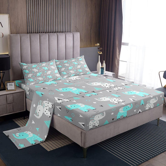 Erosebridal Cartoon Elephant Bed Sheets Full | Zoo Animal Sheet Set for Kids Boys Girls Wildlife Sheets Kawaii Animals Geometric Flat Fitted Sheet 3 Pcs