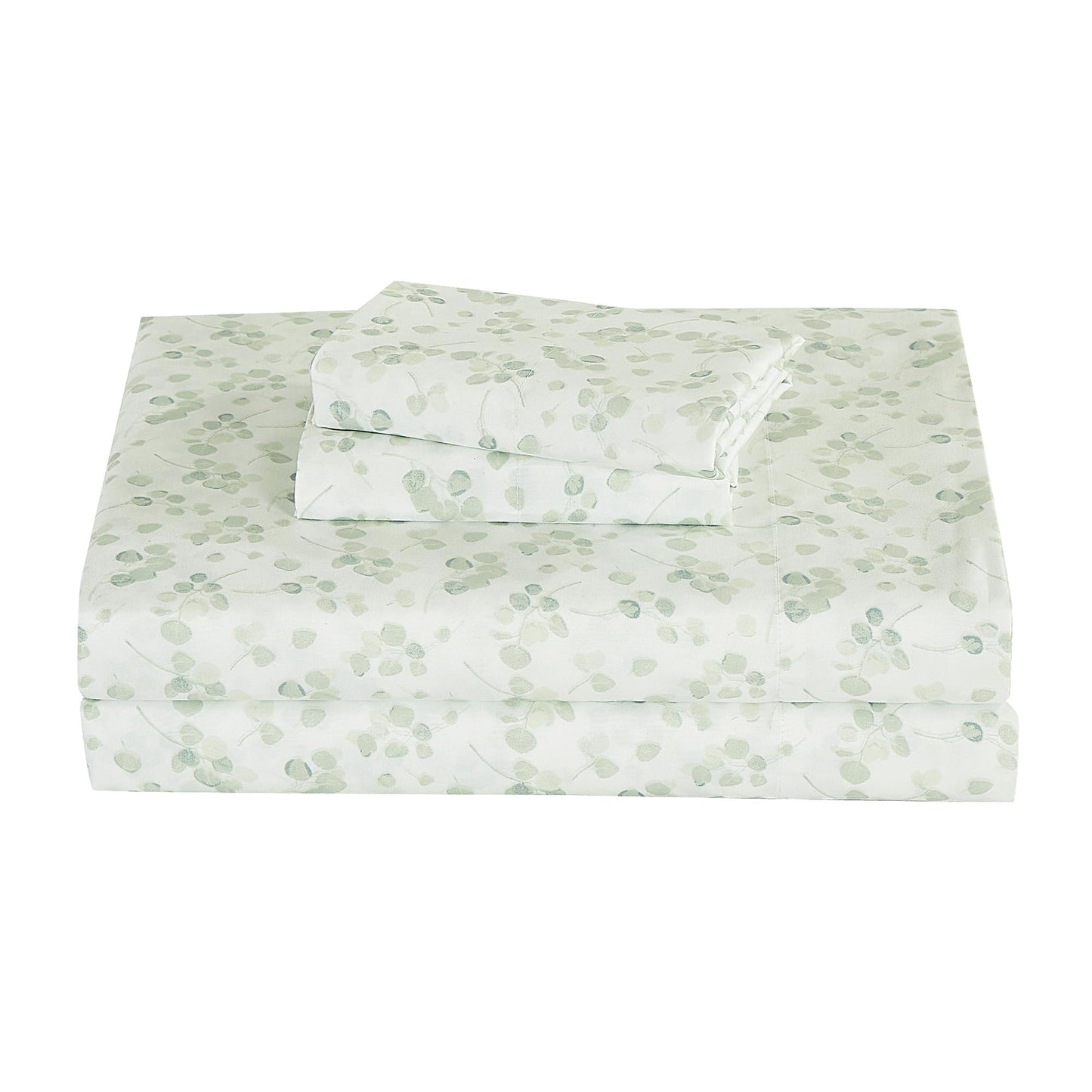 Chezmoi Collection Arbor 4-Piece Floral Bed Sheet Set - Soft Green White Printed Microfiber 14-Inches Deep Pocket Sheets & Pillowcases Set, California King