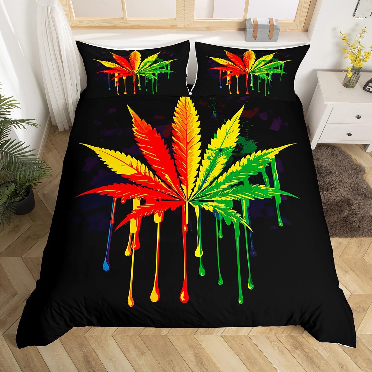 Feelyou Marijuana Duvet Cover Set Trippy Cannabis Leaves Bedding Set Marijuana Weed Botanical Comforter Cover 1 Quilt Cover + 2 Pillowcases Full Size