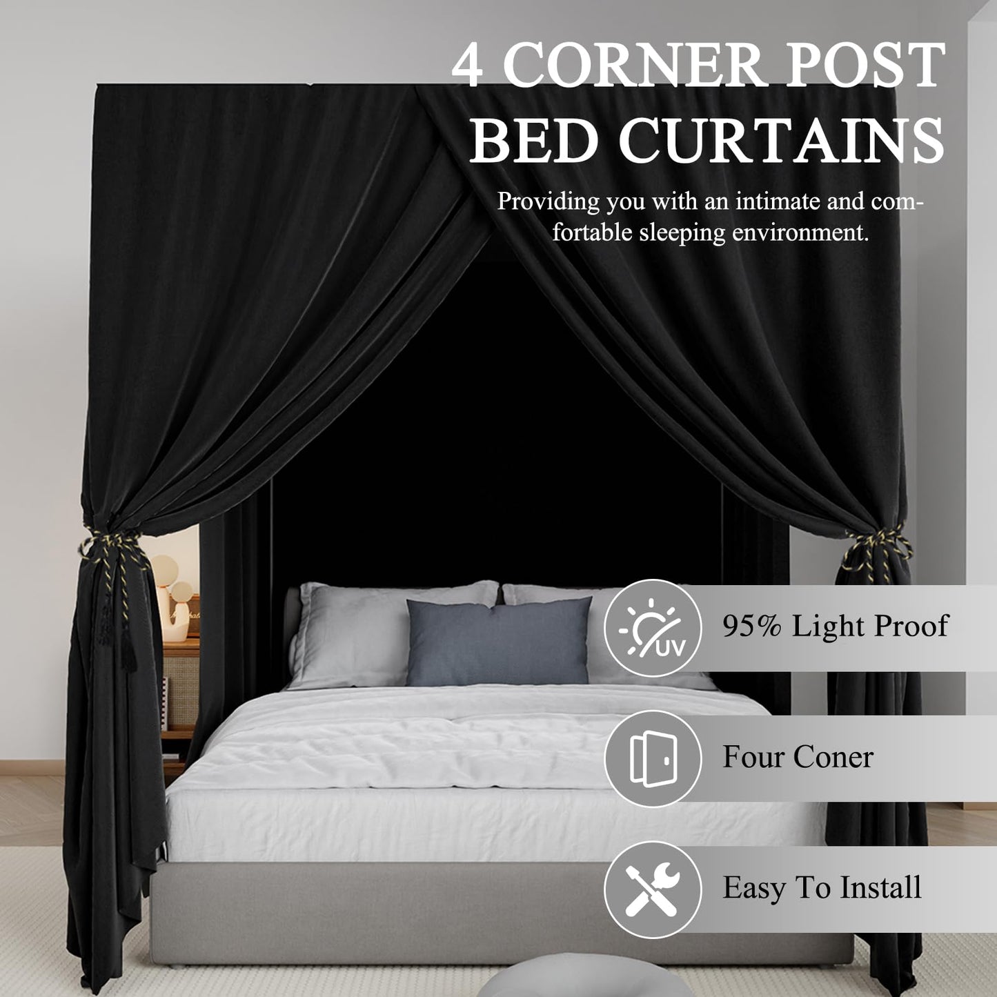 YRDKB Black Canopy Bed Curtains - 4 Corner Post Bed Curtains King Lightproof Siamesed Drapes Bed Canopy for Adults & Girls Bedroom Decoration(Black,King)