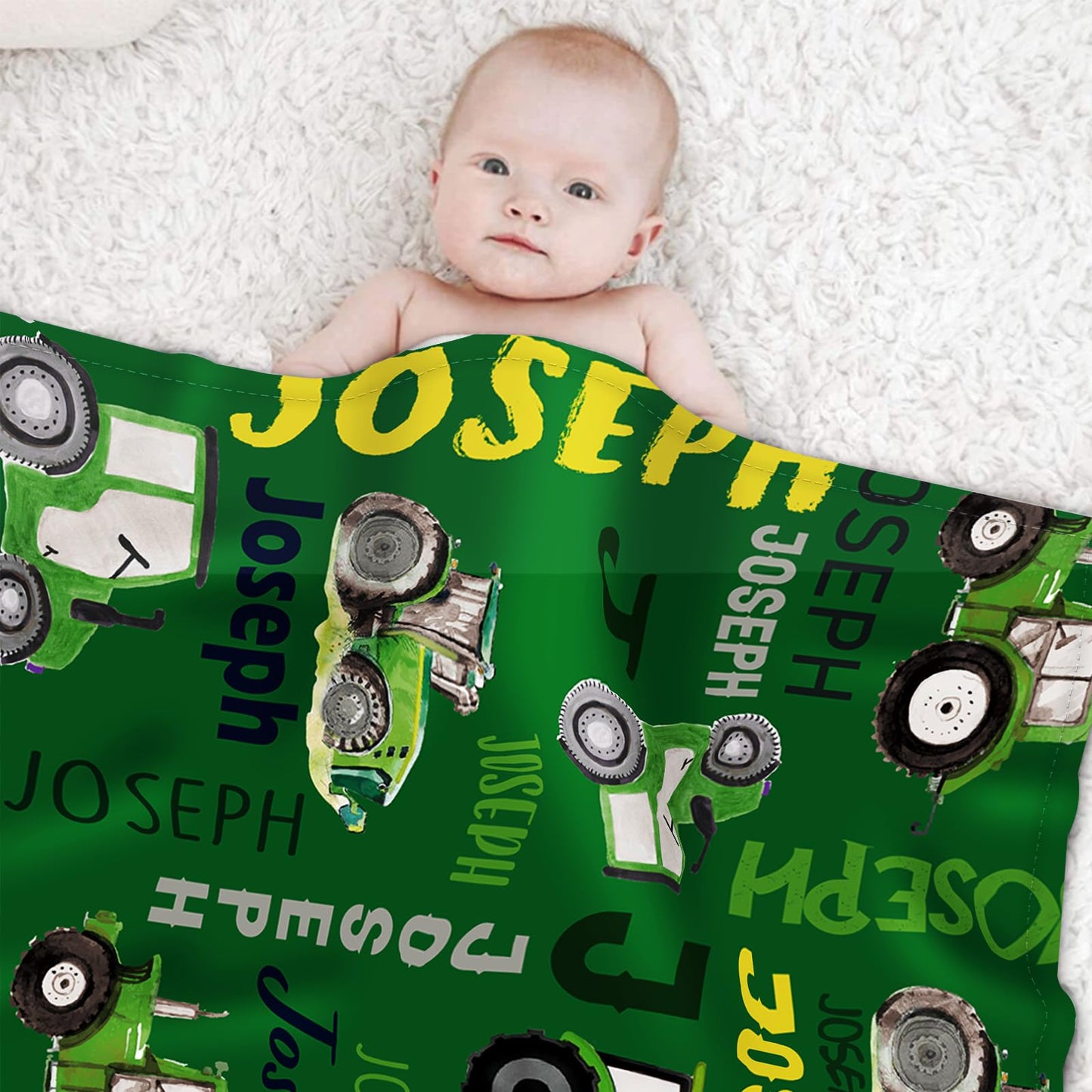 Personalized Tractors Blanket - Custom Name with Farm Tractor Trucks Design - Soft Plush Flannel Bed Blanket for Baby Kid Teen Boys Girls Customized Gifts Green