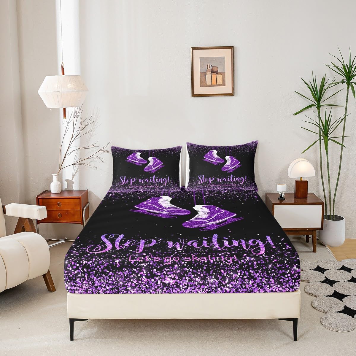 Homewish Skate Shoes Fitted Sheet Queen Size,Ice Skating Game Bedding Set 3pcs for Kids Teens Girls Boys Room Decor,Extreme Sport Bed Cover Glitter Purple Bed Sheet Set with 2 Pillowcases