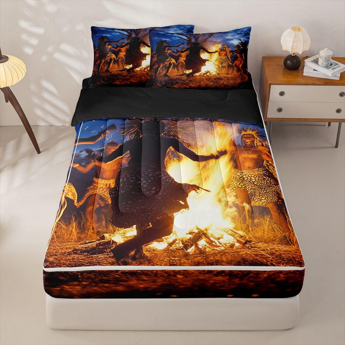 Erosebridal Black Men Zippered Comforter Set African Zipper Bedding Set Twin Size Boho Aztec Bed in a Bag Tribal Exotic Comforter with Sheets